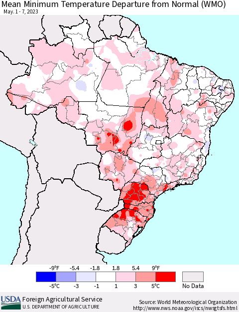 Brazil Mean Minimum Temperature Departure from Normal (WMO) Thematic Map For 5/1/2023 - 5/7/2023