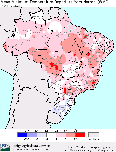 Brazil Mean Minimum Temperature Departure from Normal (WMO) Thematic Map For 5/8/2023 - 5/14/2023