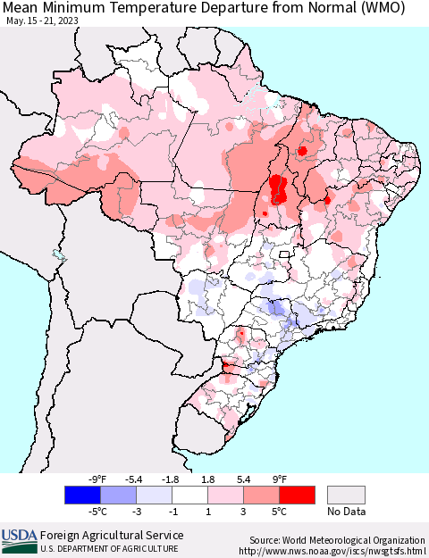 Brazil Mean Minimum Temperature Departure from Normal (WMO) Thematic Map For 5/15/2023 - 5/21/2023