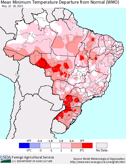 Brazil Mean Minimum Temperature Departure from Normal (WMO) Thematic Map For 5/22/2023 - 5/28/2023
