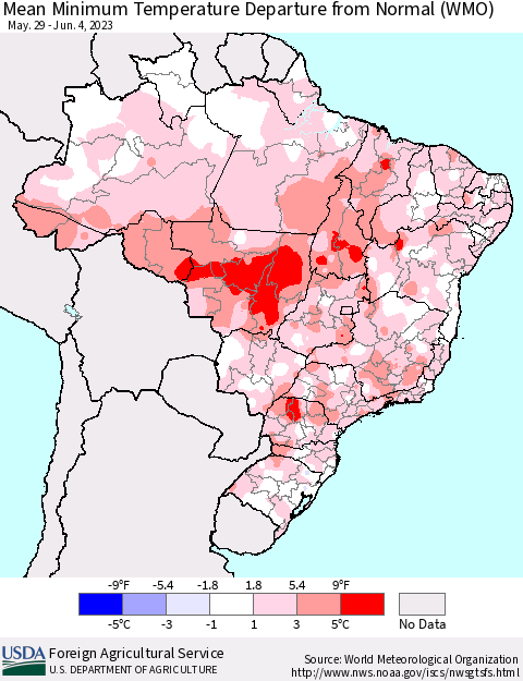 Brazil Mean Minimum Temperature Departure from Normal (WMO) Thematic Map For 5/29/2023 - 6/4/2023