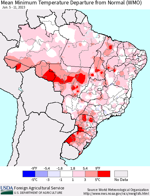 Brazil Mean Minimum Temperature Departure from Normal (WMO) Thematic Map For 6/5/2023 - 6/11/2023