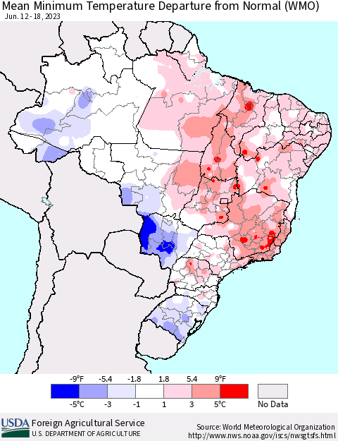 Brazil Mean Minimum Temperature Departure from Normal (WMO) Thematic Map For 6/12/2023 - 6/18/2023