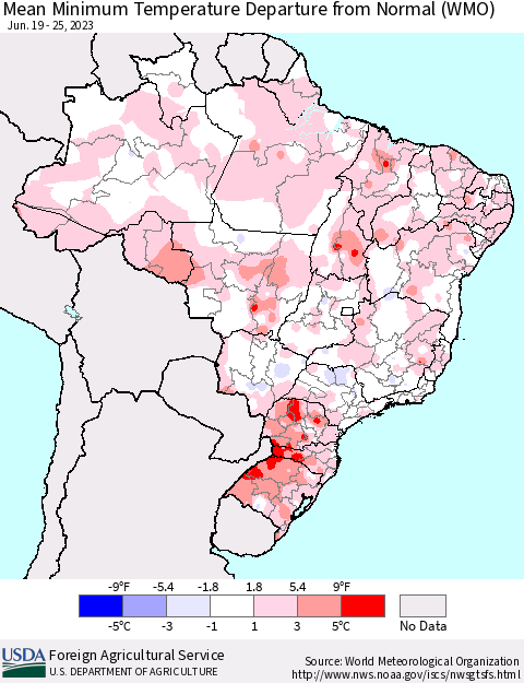 Brazil Mean Minimum Temperature Departure from Normal (WMO) Thematic Map For 6/19/2023 - 6/25/2023