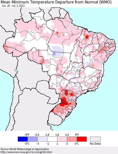 Brazil Mean Minimum Temperature Departure from Normal (WMO) Thematic Map For 6/26/2023 - 7/2/2023