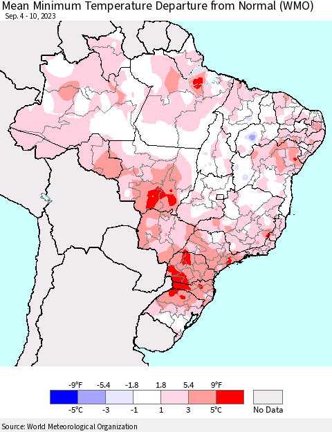Brazil Mean Minimum Temperature Departure from Normal (WMO) Thematic Map For 9/4/2023 - 9/10/2023