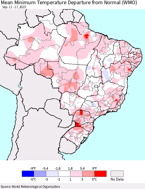 Brazil Mean Minimum Temperature Departure from Normal (WMO) Thematic Map For 9/11/2023 - 9/17/2023
