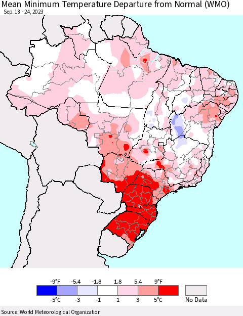 Brazil Mean Minimum Temperature Departure from Normal (WMO) Thematic Map For 9/18/2023 - 9/24/2023