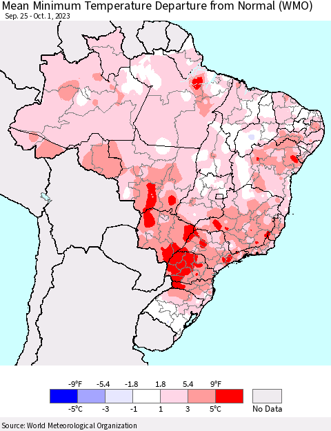 Brazil Mean Minimum Temperature Departure from Normal (WMO) Thematic Map For 9/25/2023 - 10/1/2023