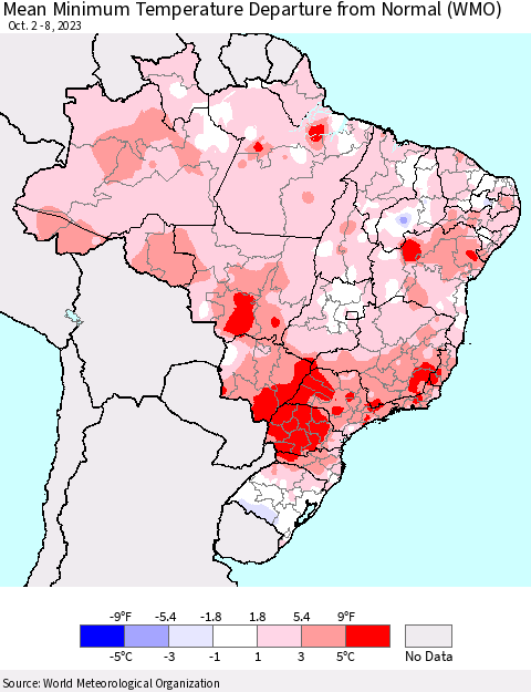 Brazil Mean Minimum Temperature Departure from Normal (WMO) Thematic Map For 10/2/2023 - 10/8/2023