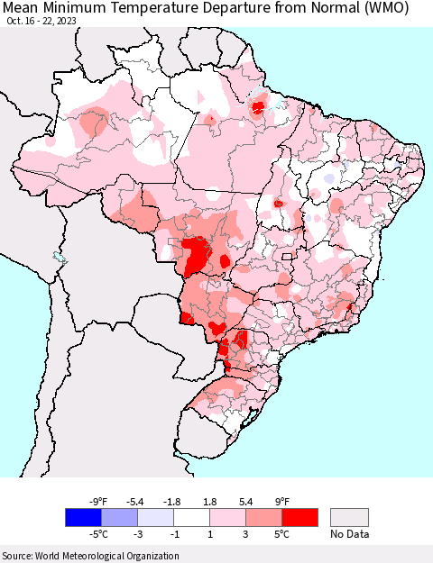 Brazil Mean Minimum Temperature Departure from Normal (WMO) Thematic Map For 10/16/2023 - 10/22/2023