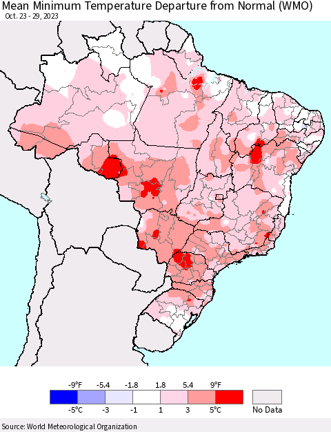 Brazil Mean Minimum Temperature Departure from Normal (WMO) Thematic Map For 10/23/2023 - 10/29/2023