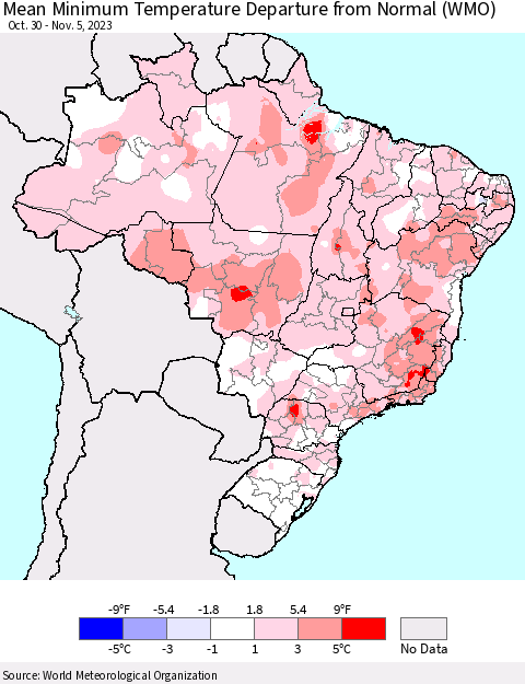 Brazil Mean Minimum Temperature Departure from Normal (WMO) Thematic Map For 10/30/2023 - 11/5/2023