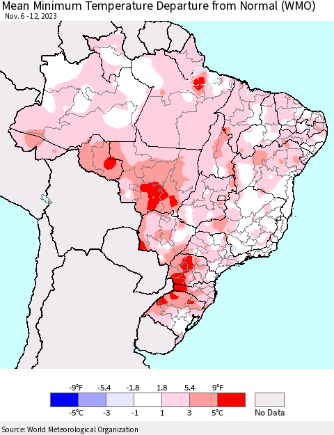 Brazil Mean Minimum Temperature Departure from Normal (WMO) Thematic Map For 11/6/2023 - 11/12/2023