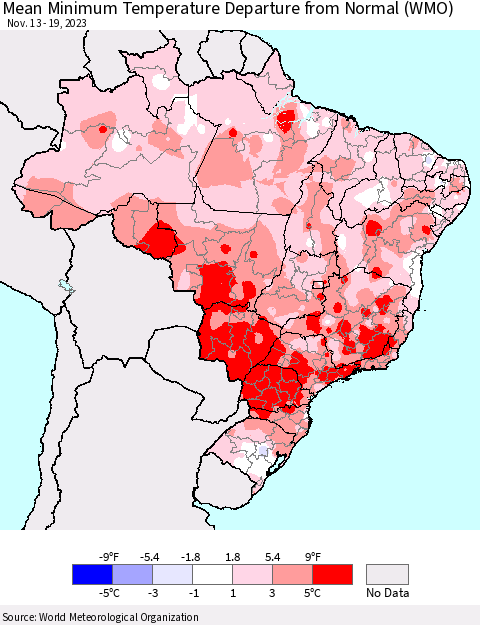 Brazil Mean Minimum Temperature Departure from Normal (WMO) Thematic Map For 11/13/2023 - 11/19/2023