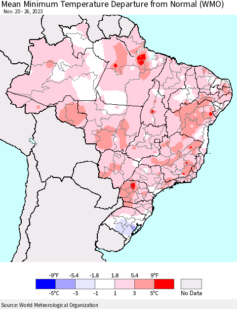 Brazil Mean Minimum Temperature Departure from Normal (WMO) Thematic Map For 11/20/2023 - 11/26/2023