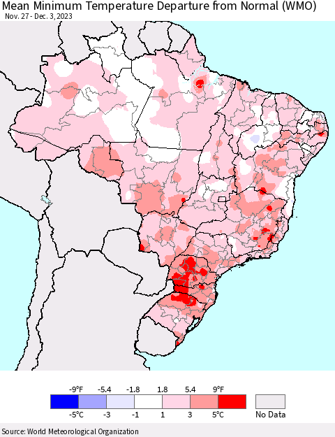 Brazil Mean Minimum Temperature Departure from Normal (WMO) Thematic Map For 11/27/2023 - 12/3/2023