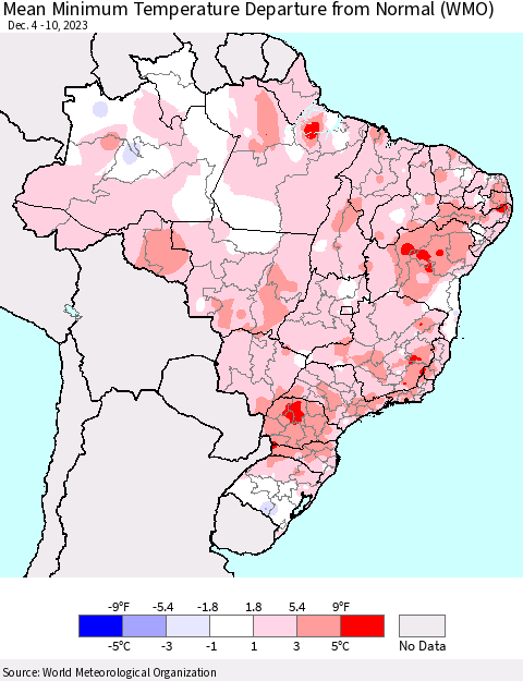 Brazil Mean Minimum Temperature Departure from Normal (WMO) Thematic Map For 12/4/2023 - 12/10/2023