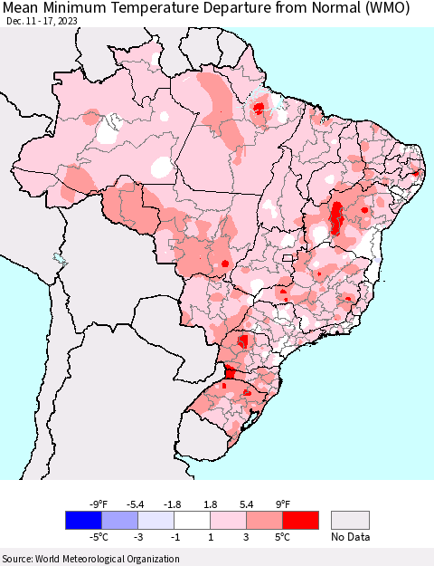 Brazil Mean Minimum Temperature Departure from Normal (WMO) Thematic Map For 12/11/2023 - 12/17/2023