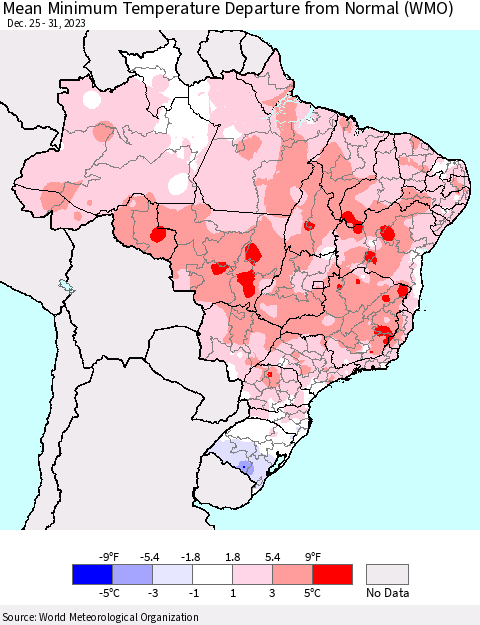 Brazil Mean Minimum Temperature Departure from Normal (WMO) Thematic Map For 12/25/2023 - 12/31/2023