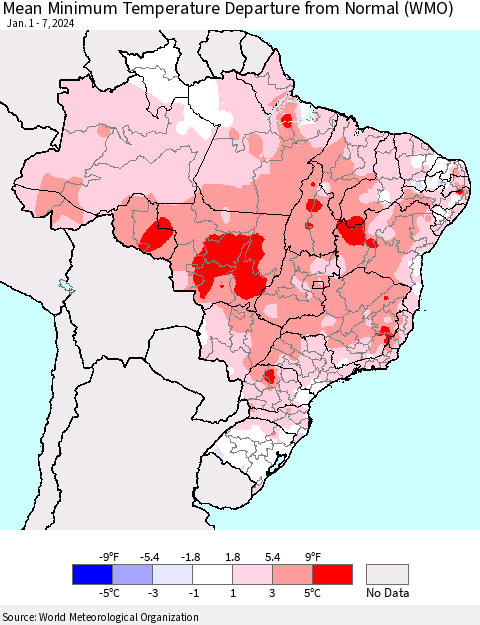 Brazil Mean Minimum Temperature Departure from Normal (WMO) Thematic Map For 1/1/2024 - 1/7/2024