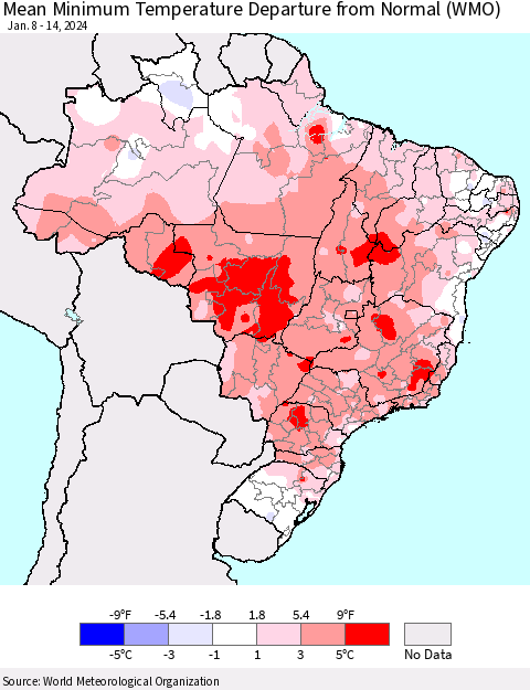 Brazil Mean Minimum Temperature Departure from Normal (WMO) Thematic Map For 1/8/2024 - 1/14/2024