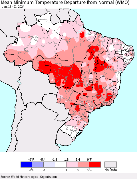 Brazil Mean Minimum Temperature Departure from Normal (WMO) Thematic Map For 1/15/2024 - 1/21/2024