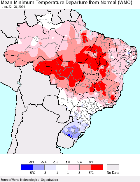 Brazil Mean Minimum Temperature Departure from Normal (WMO) Thematic Map For 1/22/2024 - 1/28/2024