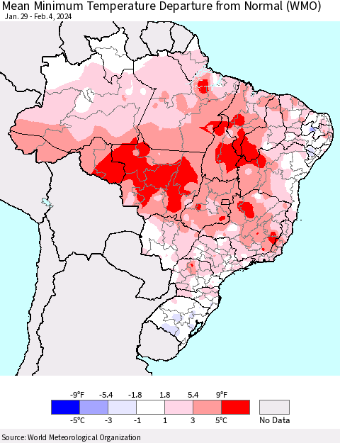 Brazil Mean Minimum Temperature Departure from Normal (WMO) Thematic Map For 1/29/2024 - 2/4/2024