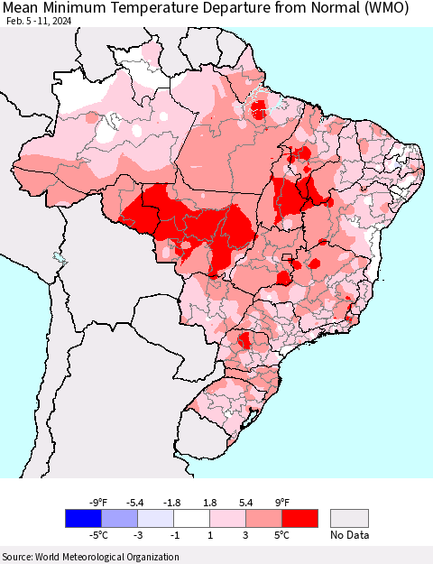 Brazil Mean Minimum Temperature Departure from Normal (WMO) Thematic Map For 2/5/2024 - 2/11/2024