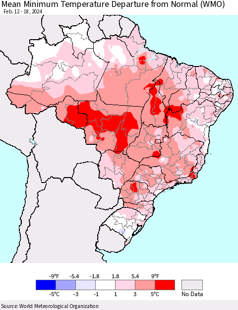 Brazil Mean Minimum Temperature Departure from Normal (WMO) Thematic Map For 2/12/2024 - 2/18/2024