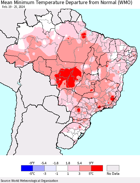 Brazil Mean Minimum Temperature Departure from Normal (WMO) Thematic Map For 2/19/2024 - 2/25/2024
