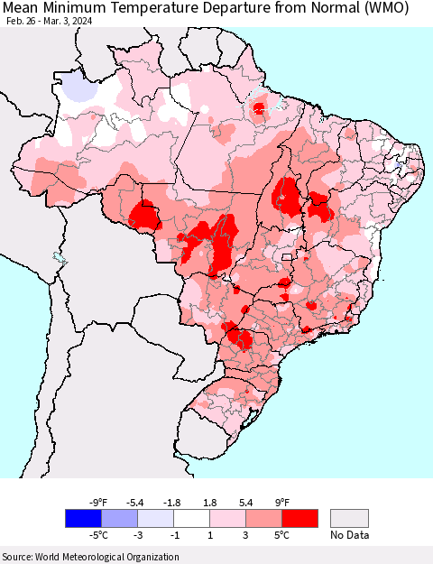 Brazil Mean Minimum Temperature Departure from Normal (WMO) Thematic Map For 2/26/2024 - 3/3/2024