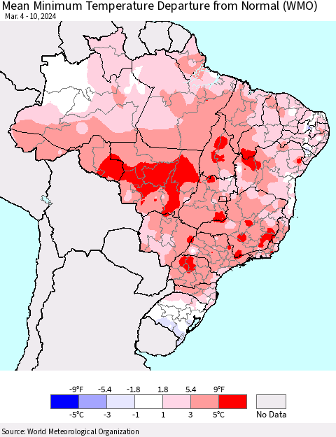 Brazil Mean Minimum Temperature Departure from Normal (WMO) Thematic Map For 3/4/2024 - 3/10/2024