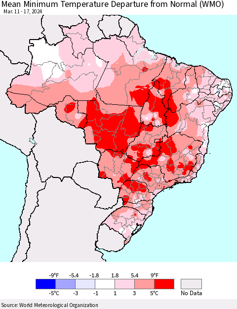 Brazil Mean Minimum Temperature Departure from Normal (WMO) Thematic Map For 3/11/2024 - 3/17/2024
