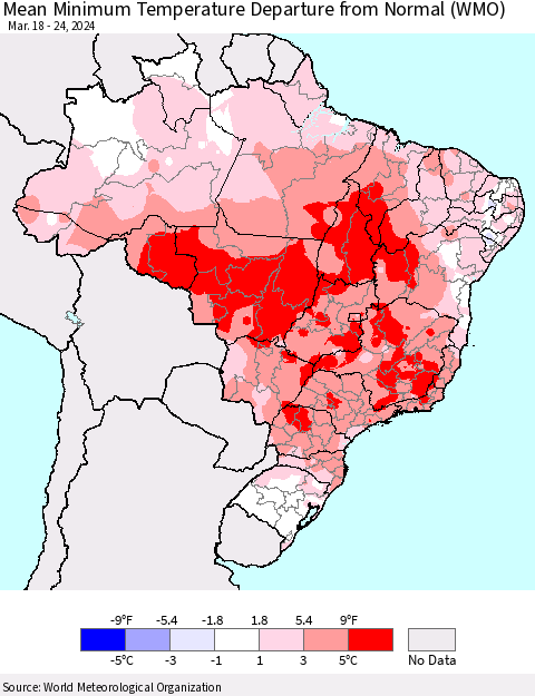 Brazil Mean Minimum Temperature Departure from Normal (WMO) Thematic Map For 3/18/2024 - 3/24/2024