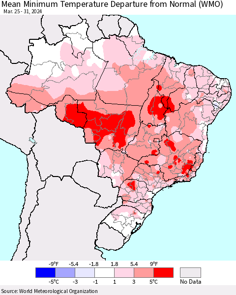 Brazil Mean Minimum Temperature Departure from Normal (WMO) Thematic Map For 3/25/2024 - 3/31/2024