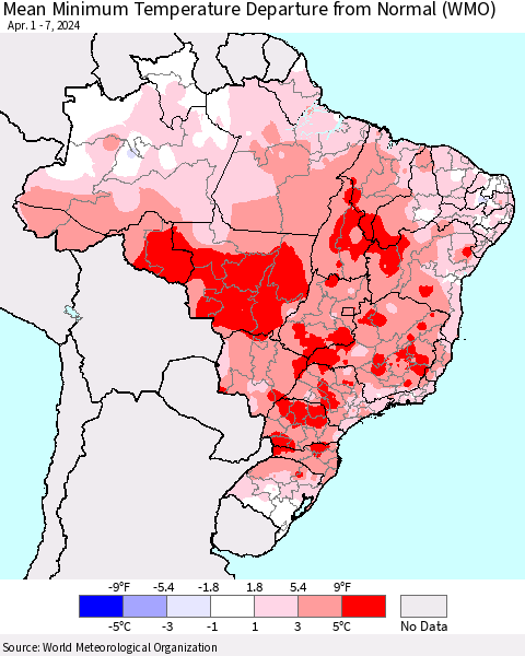 Brazil Mean Minimum Temperature Departure from Normal (WMO) Thematic Map For 4/1/2024 - 4/7/2024