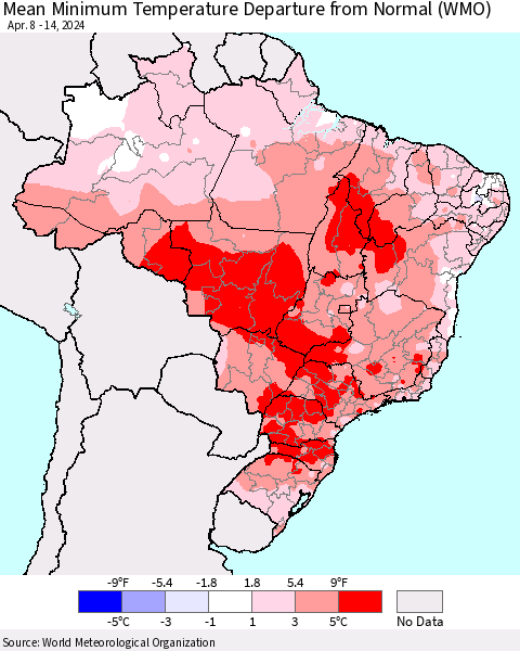 Brazil Mean Minimum Temperature Departure from Normal (WMO) Thematic Map For 4/8/2024 - 4/14/2024