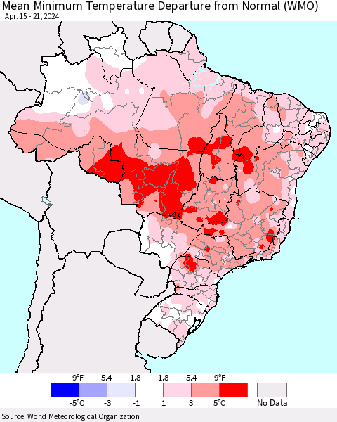 Brazil Mean Minimum Temperature Departure from Normal (WMO) Thematic Map For 4/15/2024 - 4/21/2024