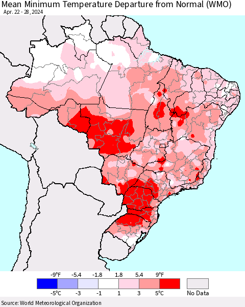 Brazil Mean Minimum Temperature Departure from Normal (WMO) Thematic Map For 4/22/2024 - 4/28/2024