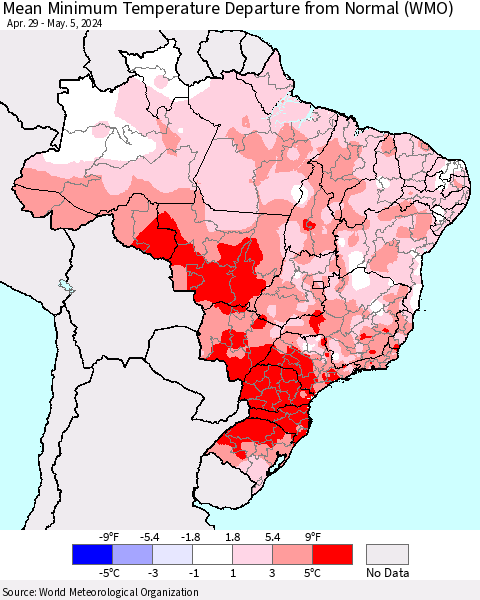 Brazil Mean Minimum Temperature Departure from Normal (WMO) Thematic Map For 4/29/2024 - 5/5/2024