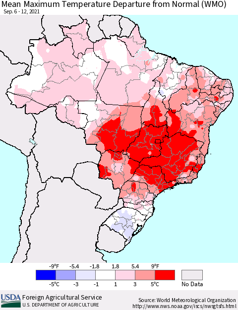 Brazil Mean Maximum Temperature Departure from Normal (WMO) Thematic Map For 9/6/2021 - 9/12/2021
