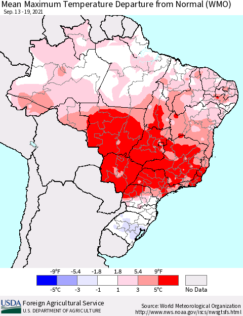Brazil Mean Maximum Temperature Departure from Normal (WMO) Thematic Map For 9/13/2021 - 9/19/2021