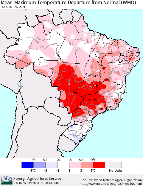 Brazil Mean Maximum Temperature Departure from Normal (WMO) Thematic Map For 9/20/2021 - 9/26/2021