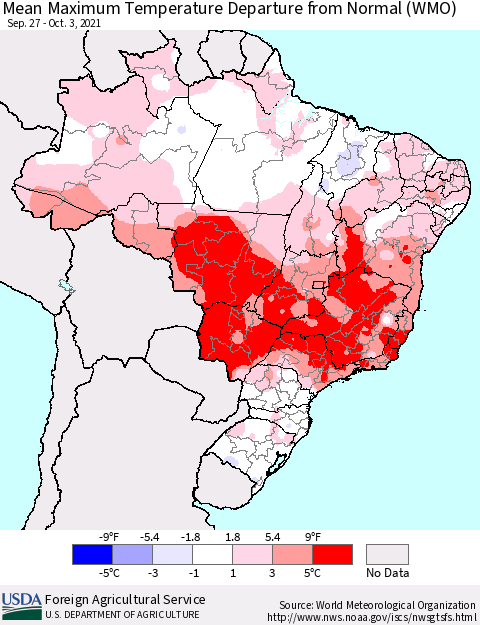 Brazil Mean Maximum Temperature Departure from Normal (WMO) Thematic Map For 9/27/2021 - 10/3/2021