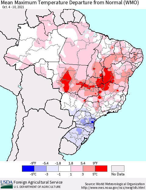 Brazil Mean Maximum Temperature Departure from Normal (WMO) Thematic Map For 10/4/2021 - 10/10/2021