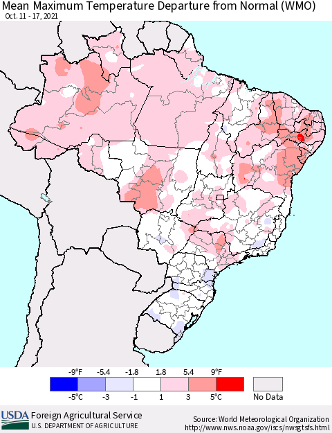 Brazil Mean Maximum Temperature Departure from Normal (WMO) Thematic Map For 10/11/2021 - 10/17/2021
