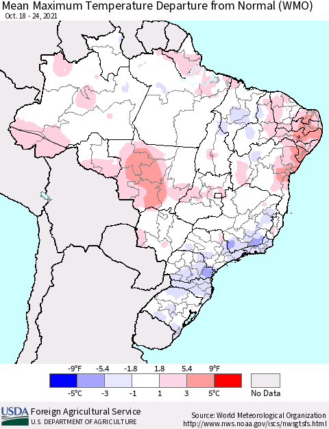 Brazil Mean Maximum Temperature Departure from Normal (WMO) Thematic Map For 10/18/2021 - 10/24/2021