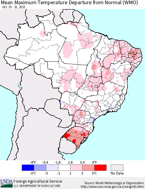 Brazil Mean Maximum Temperature Departure from Normal (WMO) Thematic Map For 10/25/2021 - 10/31/2021